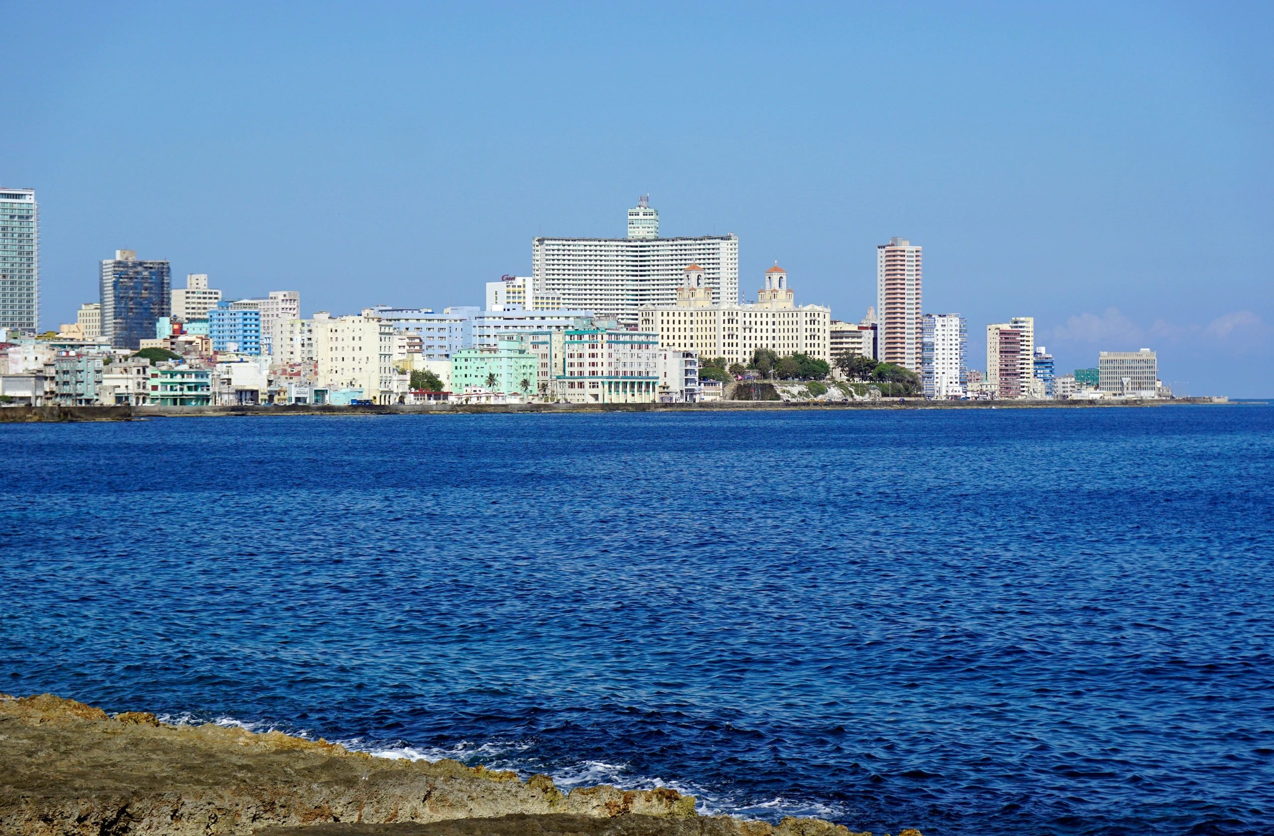 Havana skyline panorama with waterfront buildings and ocean, Cuba