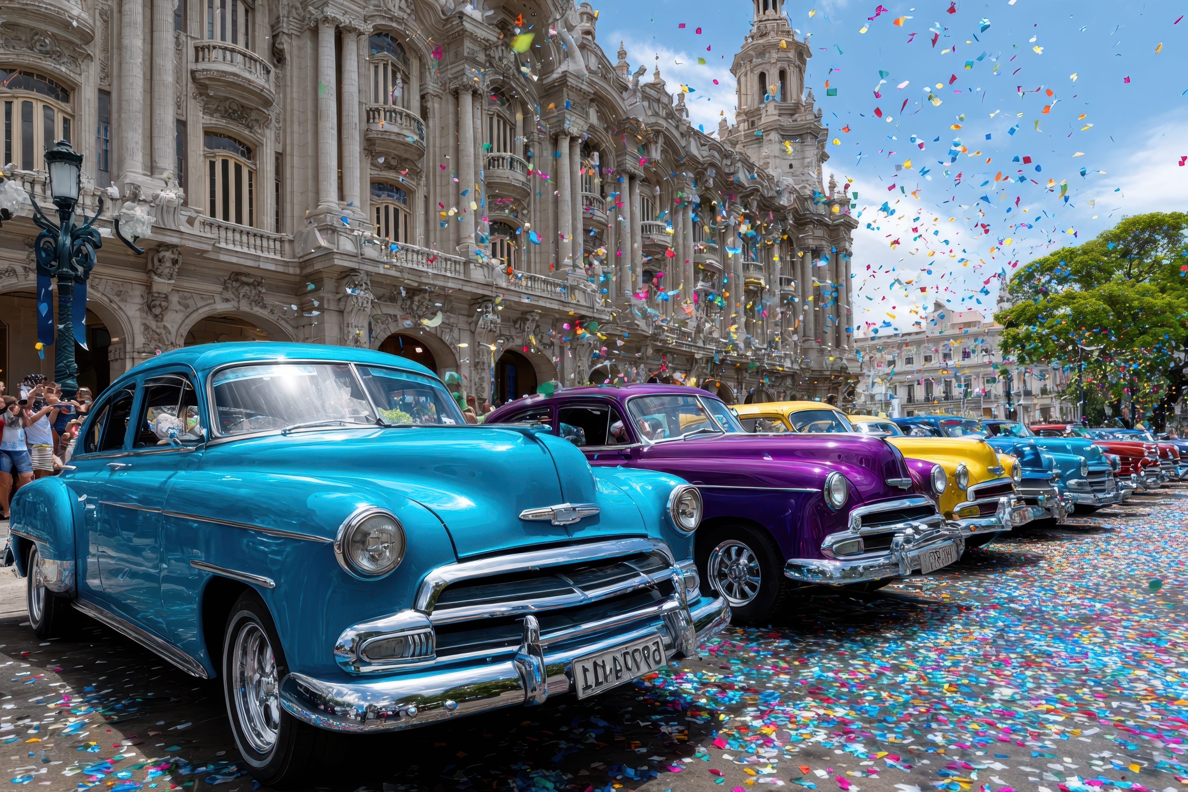 Colorful vintage cars lined up with confetti raining down in front of Gran Teatro de La Habana, Cuba