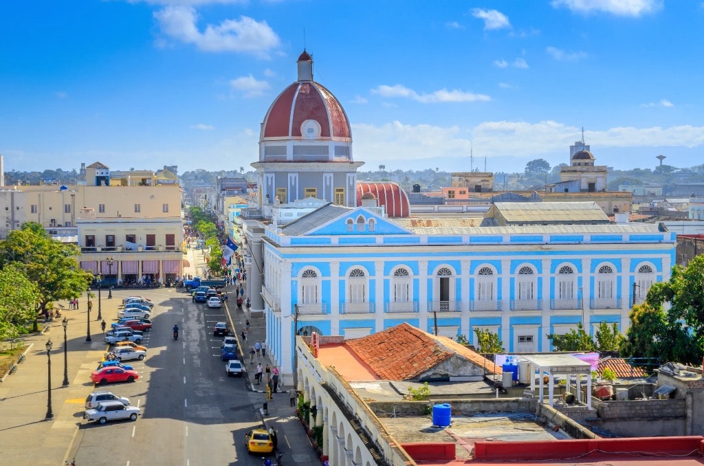 Cienfuegos blue colonial building with red dome Cuba