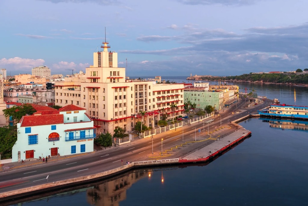 Havana waterfront art deco building at golden hour
